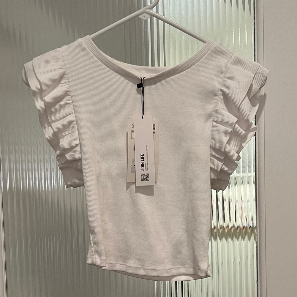 Zara Cropped White Ruffle Sleeve Ribbed Top ~ small NWT